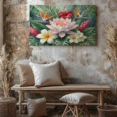 Tropical Flower Canvas Wall Art with Lotus Hibiscus Plumeria & Bird of Paradise