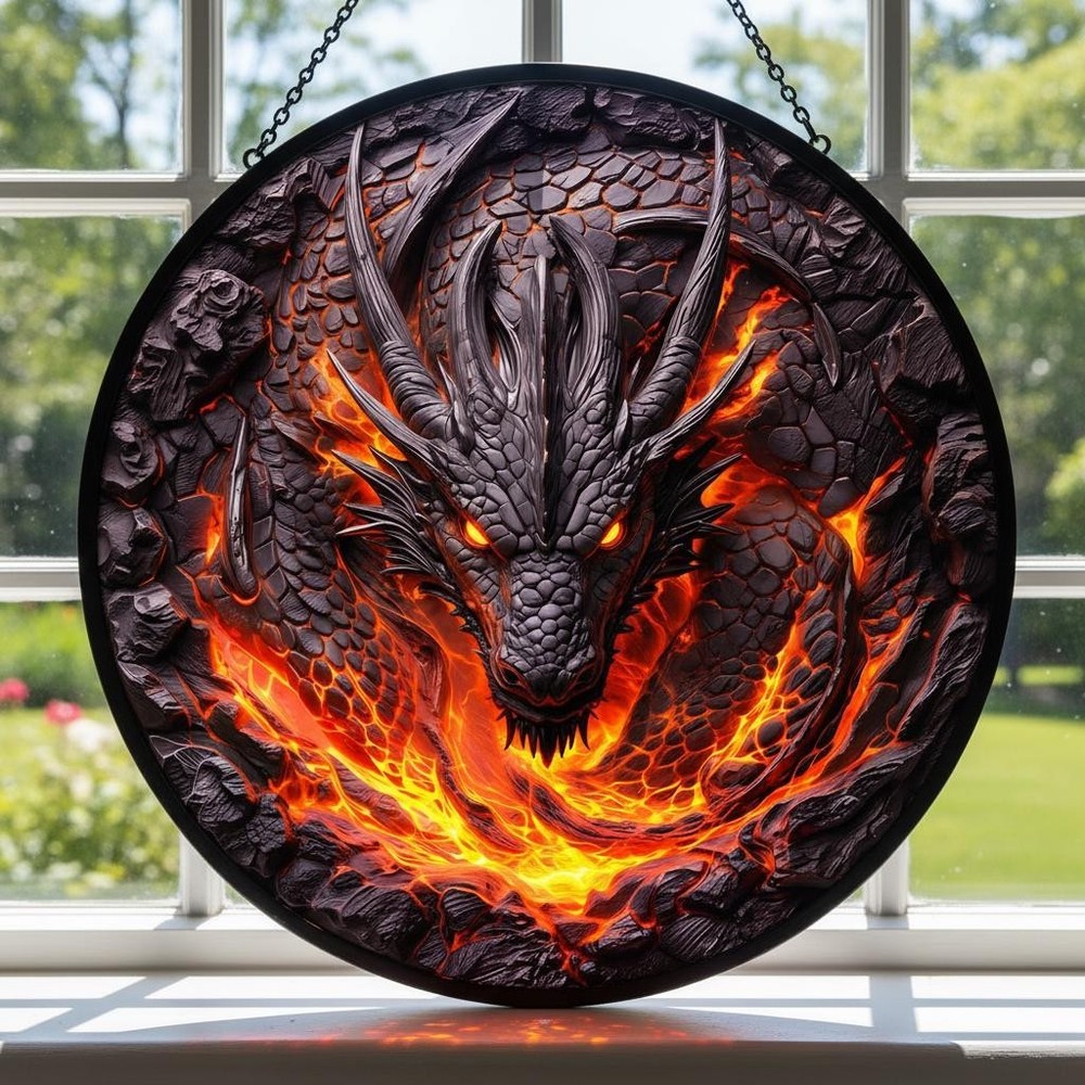Fire Dragon Glass Suncatcher Round Stained Glass Style Window Hanging Decor Home