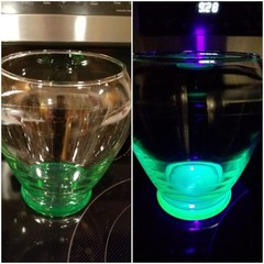 Vintage Glass Vase Green UV Glow Uranium Style Fish Bowl Flower Floral Art 6.5″