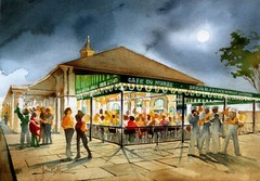 Cafe du Monde, New Orleans French Quarter. Full moon. James Mann art wall prints