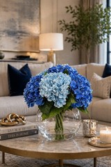 Luxury Blue Hydrangea Arrangement in Glass Vase Real Touch