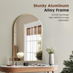 Gold Arched Wall Mounted Bathroom Metal Frame Vanity Mirror w/Shatterproof Glass