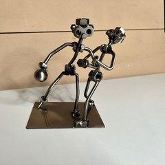 Metal Nut Bolt Art Sculpture Boxing Figures Handmade Industrial Desk Decor