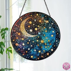 Moon and Stars Stained Glass Suncatcher – Celestial Round Hanging Window Panel