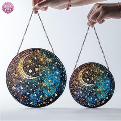 Moon and Stars Stained Glass Suncatcher – Celestial Round Hanging Window Panel