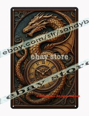 Steampunk Dragon Clock Tin Sign 3D Effect Fantasy Gear Wall Art