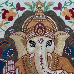 Ganesha Canvas Silk Thread Wall Hanging With Rhinestones