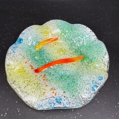 Artisan Fused Glass Bowl Wavy Rim Speckled Green Yellow Orange 6 Inch Decorative