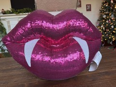 Rachel Zoe Vampire Pink Lips W/ Fangs Sequin Pillow NWT Valentines Halloween