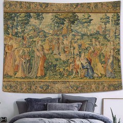 Medieval Tapestry Wall Hanging 80x60in, Renaissance Noble Gathering Wall Deco…