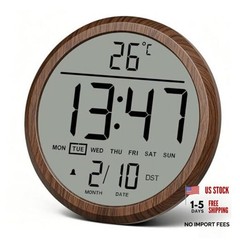 8 in Round Digital Wall Clock Battery Operated with Wood