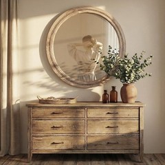 30″ Round Solid Wood Mirror, Handcrafted Beaded Circle for Bathroom Vanity