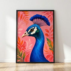 Modern Peacock Poster Colorful Pink Tropical Leaf Art Print Vibrant Wall Decor