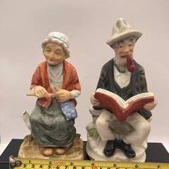 Vintage Ceramic Figurines Couple Reading Book and Knitting-One Branded Japan