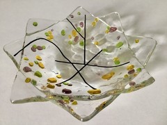 Trinket Dish Fused Colorful Glass Pieces Green Purple Yellow Dots Unique Shape
