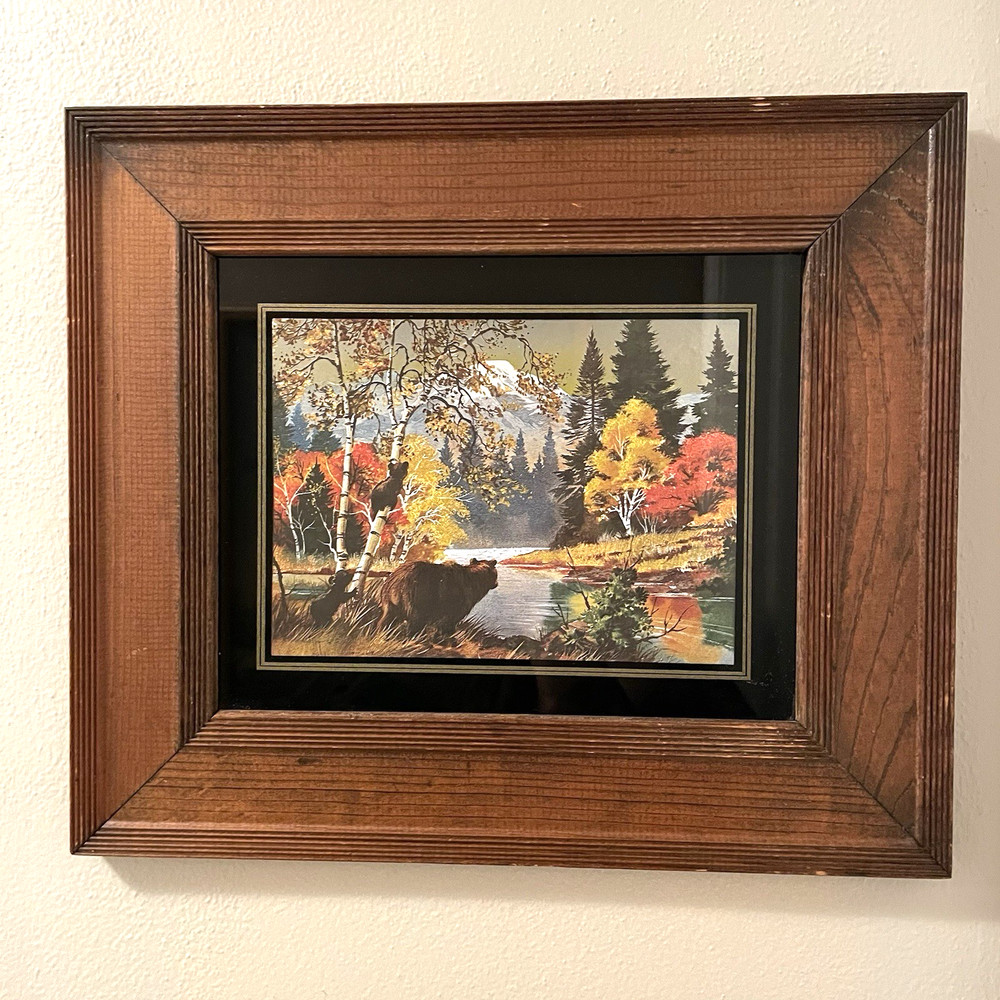 Framed Rustic Foil Art Bear Picture Outdoors Nature Cabin Lodge Decor