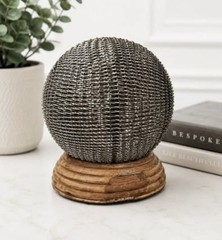 Modern Woven Metal Sphere Sculpture on Wood Base Decorative Orb Table Decor 10”