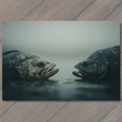 Art Print Two Fish Face Off Moody Water Minimalist Surreal Aquatic Composition