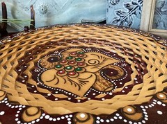 vintage wooden articulated dish hand painted Tray pyrography Bohemian 12”