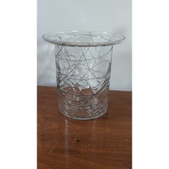 Modern Clear Art Glass Vase with Black Scribble Web Thread Design Wide Rim 6.5″