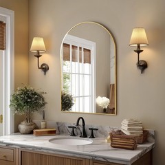 Gold Arched Wall Mounted Bathroom Metal Frame Vanity Mirror w/Shatterproof Glass