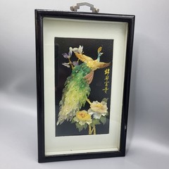 Vintage Chinese Shell Art Peacock Bird Shadow Box Framed Wall Decor Multicolor