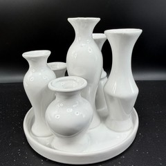 White Ceramic Multi Bud Vase Cluster 6 Opening Attached Floral Centerpiece 6in