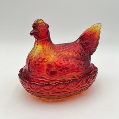 Vintage Amberina Hen on Nest Covered Dish Red 6in Read Description