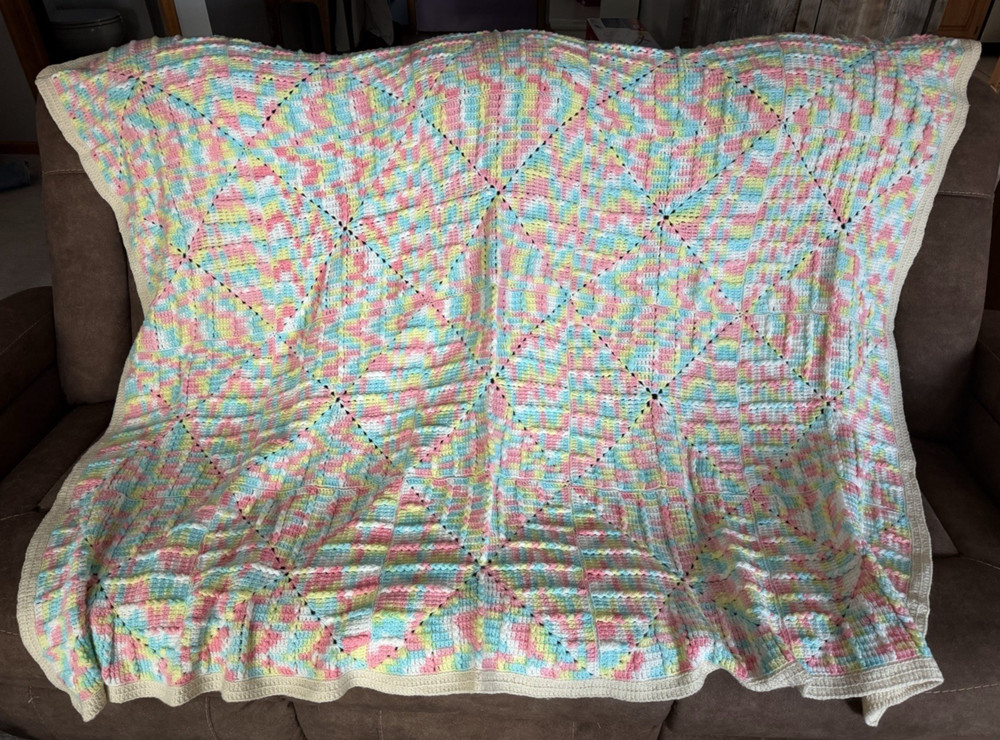 Vintage Handmade Pastels Crochet Afghan Granny Square Blanket 76″ x 60″