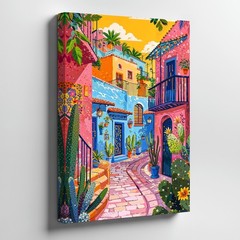 Colorful Mediterranean Street Scene Canvas Wall Art Vibrant Village Print Home