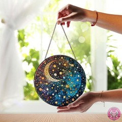 Moon and Stars Stained Glass Suncatcher – Celestial Round Hanging Window Panel