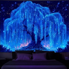 Blacklight Starry Night Tree Tapestry, UV Reactive Neon Willow Tree of Life Wall
