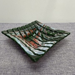 Fused Glass Art Dish Handcrafted Marbled Green Red White Square 6”