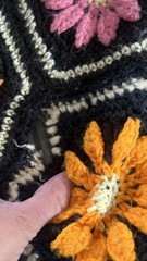 vintage 70s Black FLOWER POWER 3d Knit AFGHAN day glo hexagons granny squares