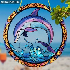 Leaping Dolphin Ocean Wave Round Acrylic Suncatcher Coastal Window Hanging Decor