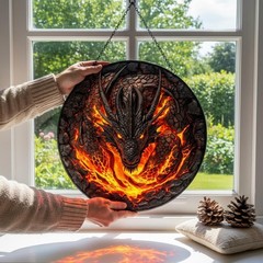 Fire Dragon Glass Suncatcher Round Stained Glass Style Window Hanging Decor Home