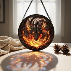 Fire Dragon Glass Suncatcher Round Stained Glass Style Window Hanging Decor Home