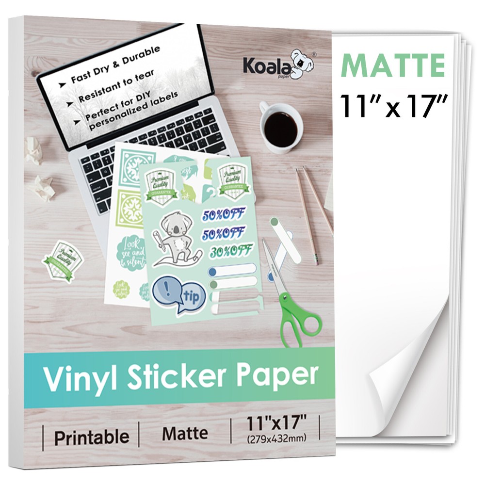 Koala Printable Vinyl Sticker Paper 11×17 30 Sheet Matte Waterproof Inkjet Laser