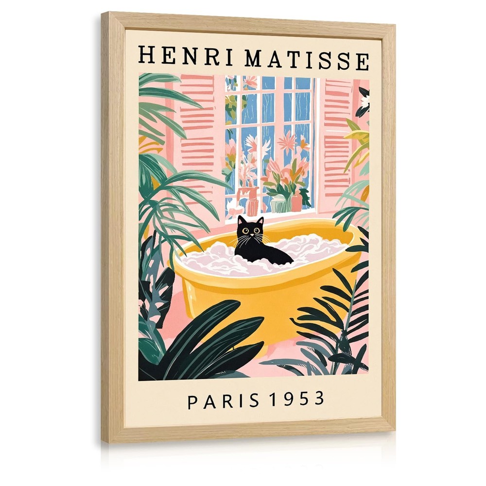 Wood Framed Funny Bathroom Wall Art, Henri Matisse Black Cat Wall Decor, Cute…