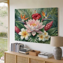 Tropical Flower Canvas Wall Art with Lotus Hibiscus Plumeria & Bird of Paradise