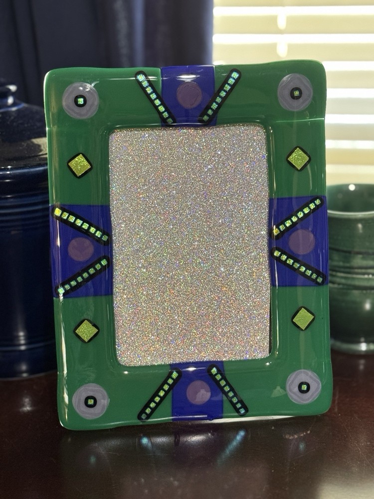 Handmade Fused Glass Picture Frame Green Dichroic Geometric Art Glass
