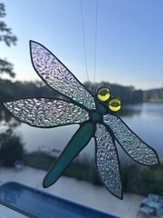 Stained Glass Dragonfly Suncatcher Iridescent Wings Blue Green Yellow 7”