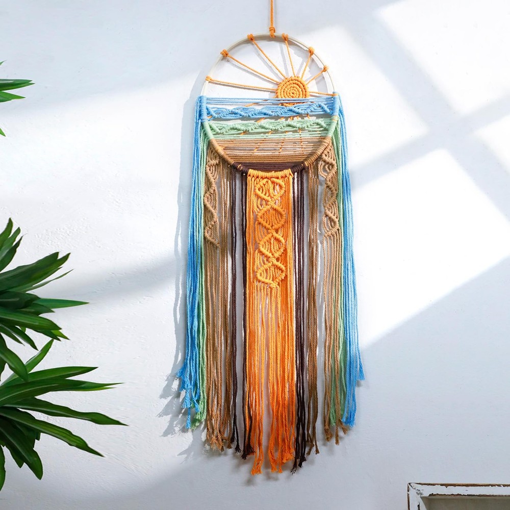 Macrame Sun Wall Hanging Boho Tapestry Large Woven Cotton Decor 25×10 inch