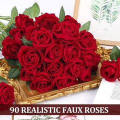 Ovveroche 90 Pcs Red Velvet Rose Artificial Flowers, 51cm Silk Wedding Fake S…
