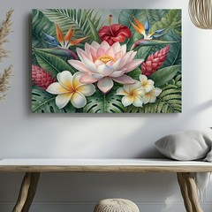 Tropical Flower Canvas Wall Art with Lotus Hibiscus Plumeria & Bird of Paradise