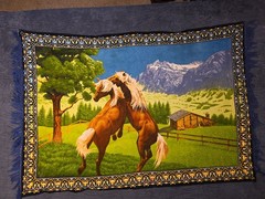 Vntg Fighting Horses Tapestry Wall Hanging Rug 52″x38” Stallions Mountain Cabin