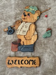 Handmade Solid Wood “Gone Fishing Bear” Wall Hanging Outdoor Sport Cabin Cottage