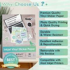 Koala Printable Vinyl Sticker Paper 11×17 30 Sheet Matte Waterproof Inkjet Laser