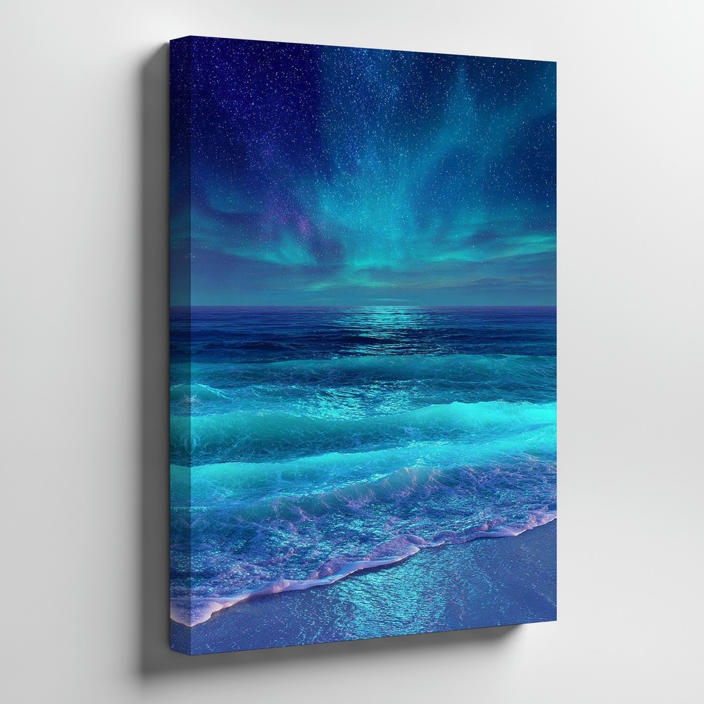 Aurora Borealis Over Calm Ocean Waves Canvas Wall Art Night Sky Print Wall Home
