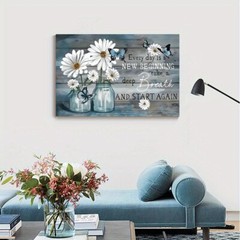 1 PC Charming Daisy and Blue Butterfly Canvas Art – Rustic Wooden Frame
